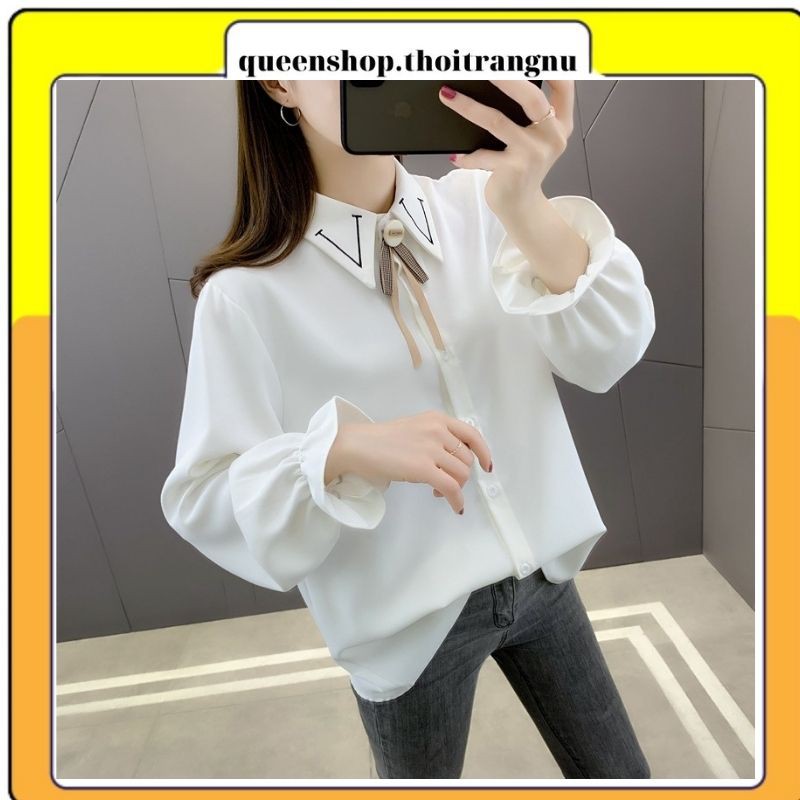 Sơ mi nữ cổ thêu viền tay bo chun kiểu dáng công sở chất vải đẹp không nhăn Queenshop