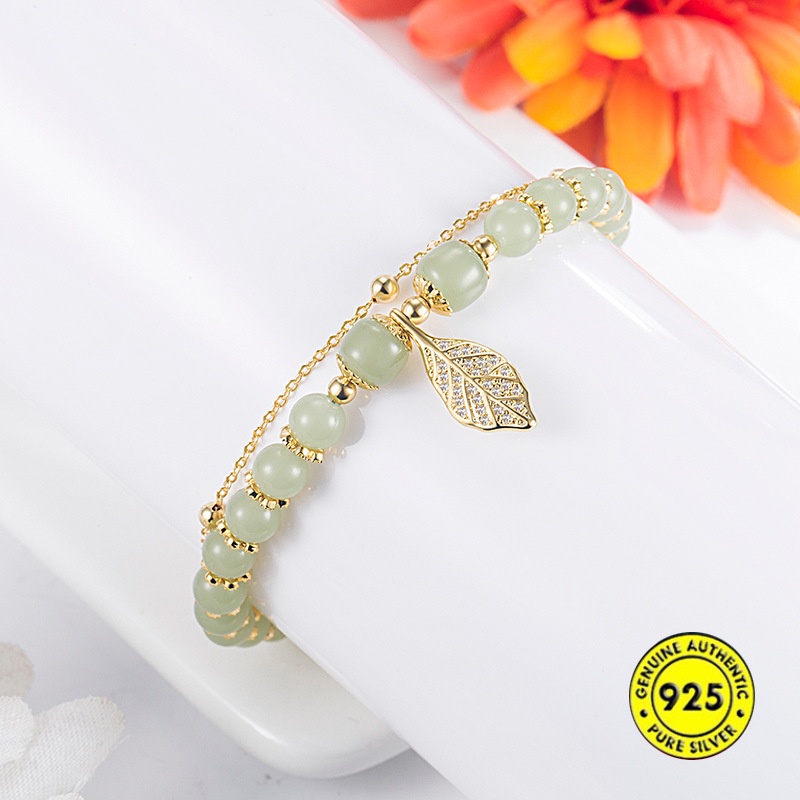 Vòng Tay Chuỗi Đôi Phối Đá Ngọc Bích Thiết Kế Cao Cấp Không Thấm Nước Phong Cách Retro Thanh Lịch