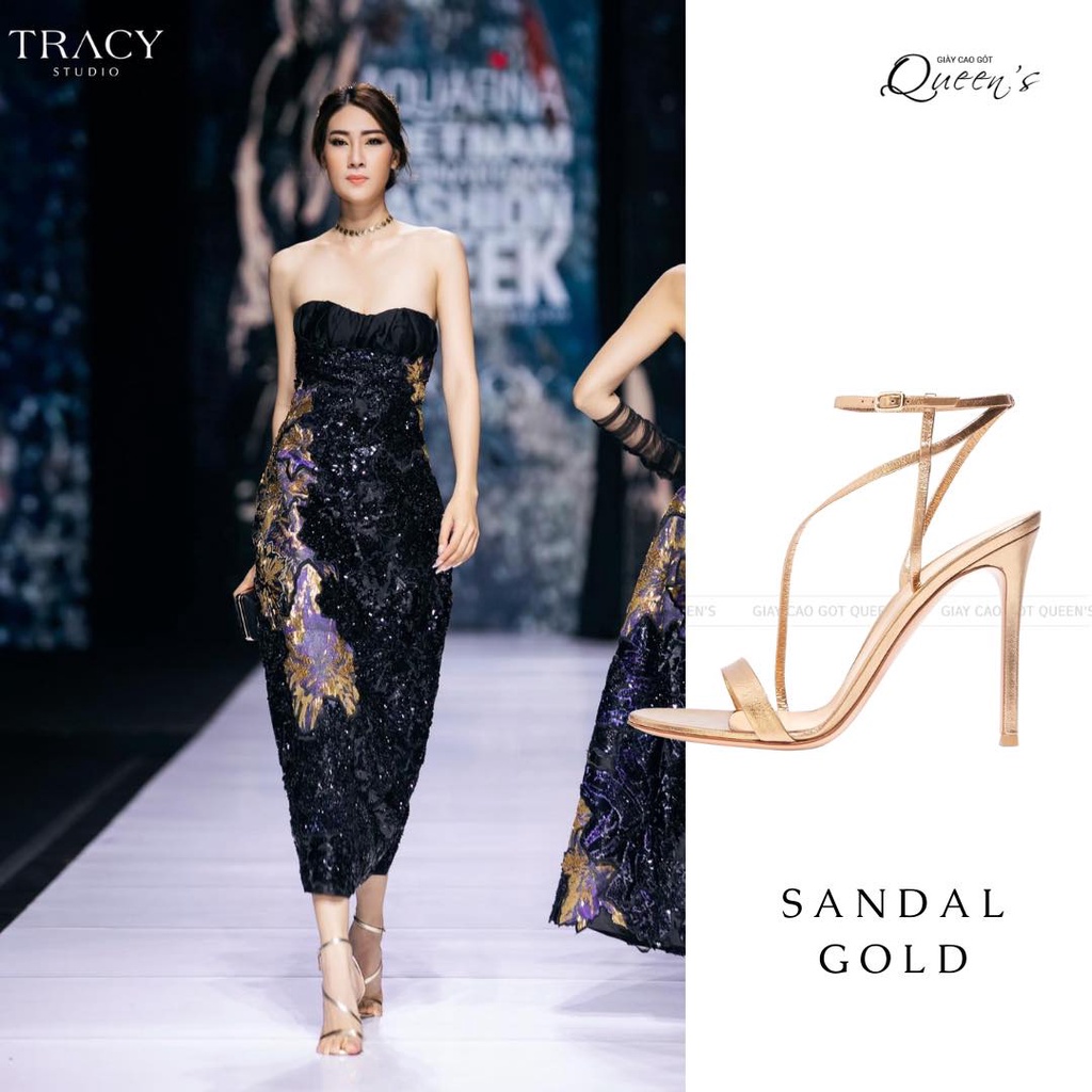 Giày Cao Gót Sandal Màu Gold Chéo Dây Hở Gót Da Nhũ, Giày Sandal Dây Mảnh Tôn Dáng Êm Ái Cho Nữ Dự Tiệc Cao 9-11 Phân