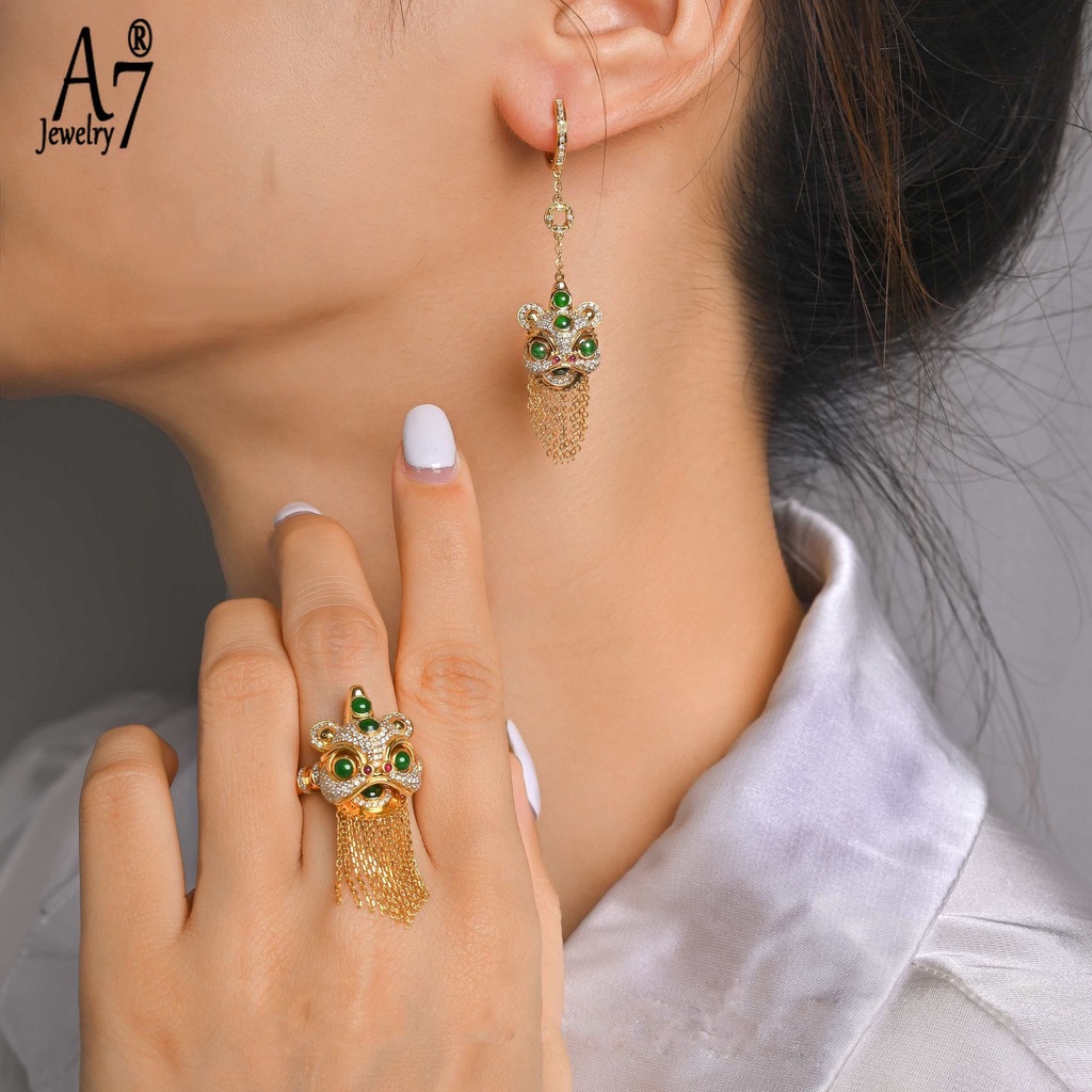 Bộ Vòng cổ + Khuyên Tai Kiểu Mở Hình Sư Tử Cổ Điển A7 18K