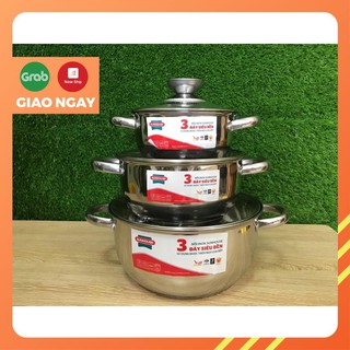 Bộ 3 nồi inox 3 đáy sunhouse shd 334, dùng được bếp điện từ
