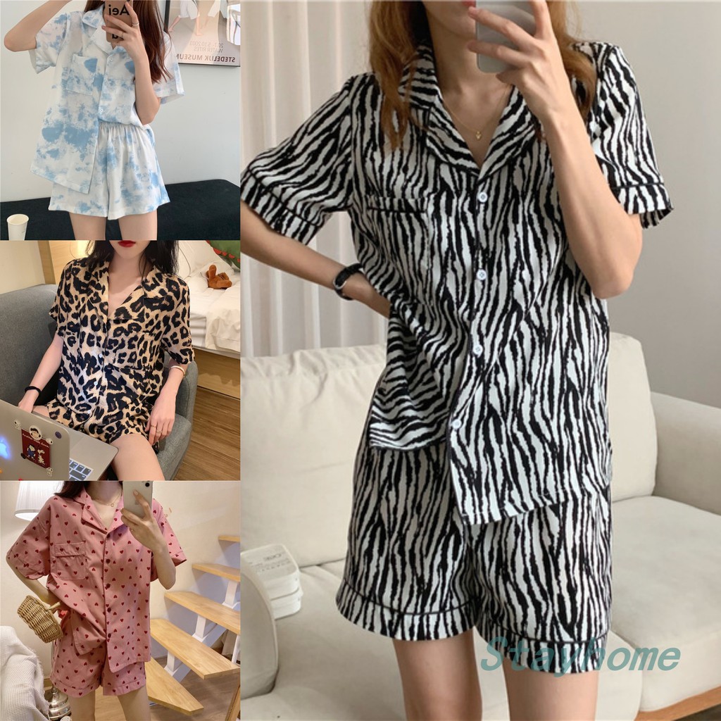 Bộ Đồ Ngủ Pijama Ngắn Tay Họa Tiết Ngựa Vằn Dễ Thương Cho Nữ