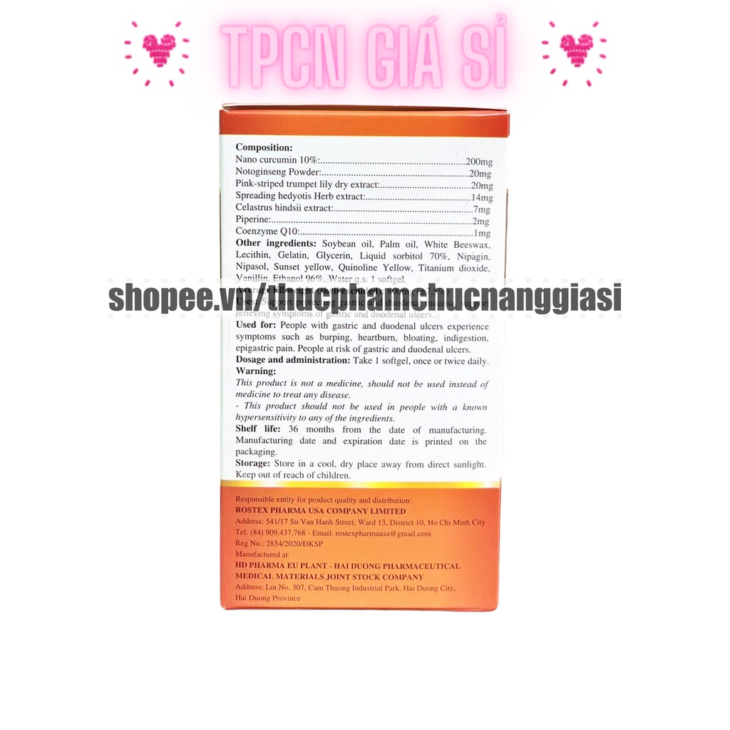 Viên uống dạ dày Nano Curcumin nghệ, bột tam thất xạ đen, hỗ trợ giảm trào ngược, ợ hơi, khó tiêu - Hộp 30 viên