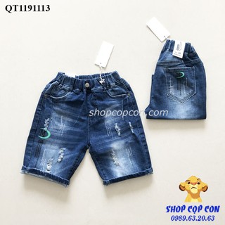 Quần jean lửng cào rách in chữ cho bé từ 22-38kg