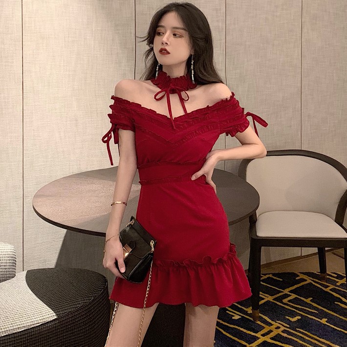 Đầm trễ vai đỏ Chocker đuôi cá sang chảnh ẢNH THẬT CUỐI J0331