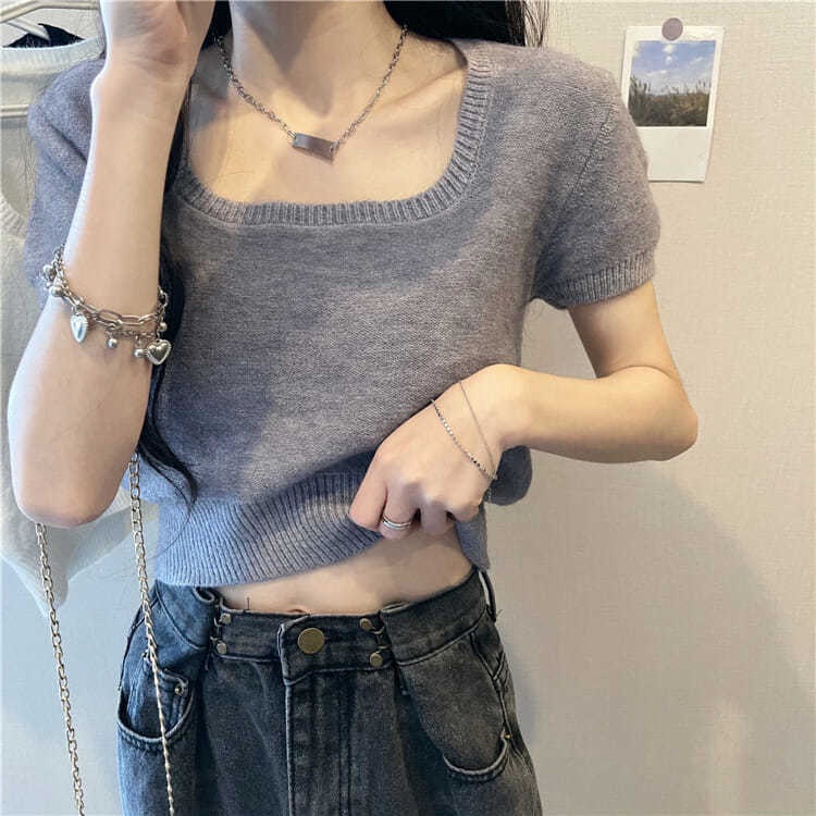 Áo len BH tay ngắn cổ vuông thiết kế thời trang cao cấp cho nữ
