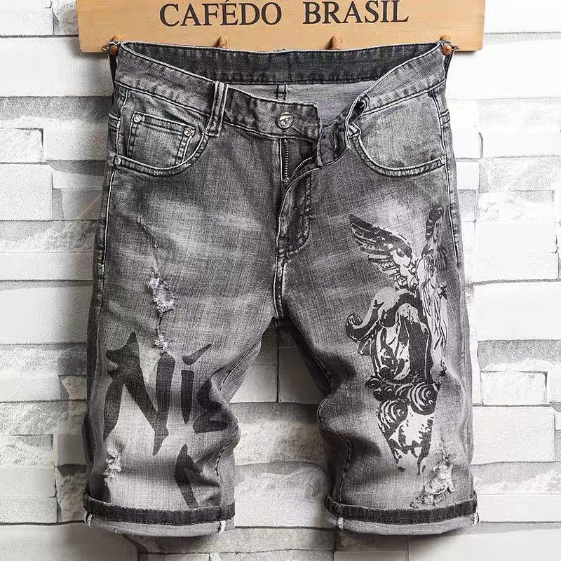 Quần Short Jean Lưng Vừa Dáng Ôm Thiết Kế Rách Thêu Họa Tiết Thời Trang Cá Tính Cho Nam