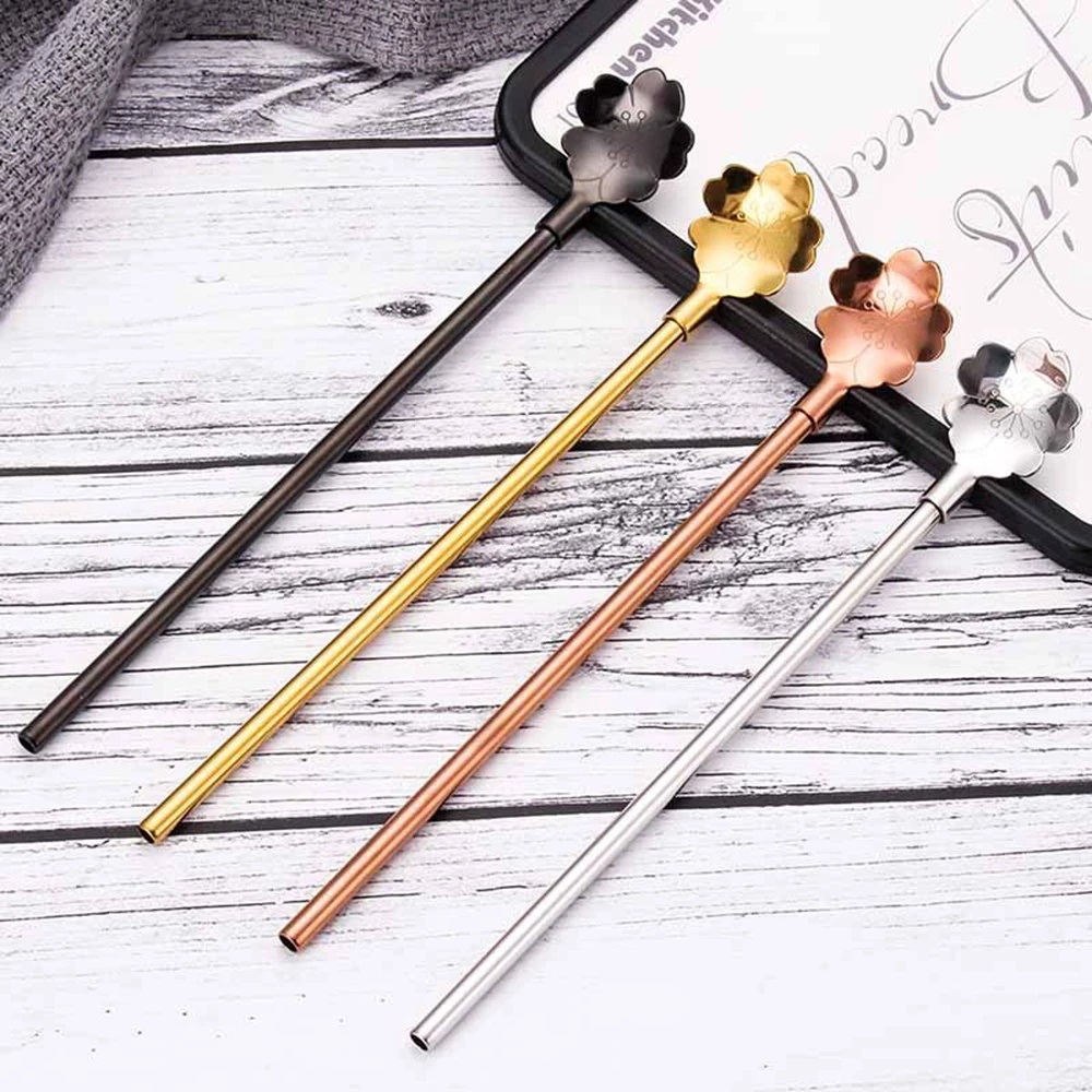 Ống hút kiêm muỗng khuấy trà sữa/cà phê 2 trong 1 bằng thép không gỉ dùng trong nhà bếp kèm cọ vệ sinh ống hút