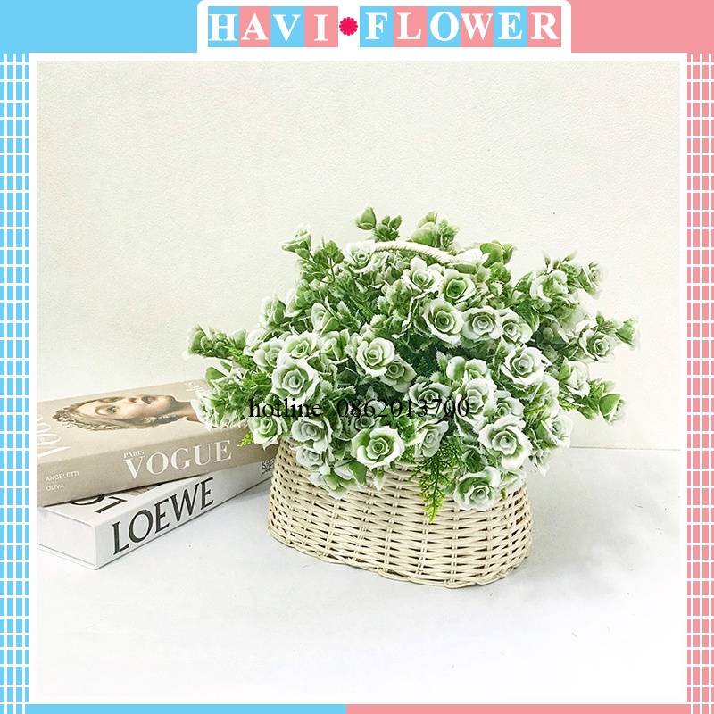 Hoa giả - Cụm hoa hồng xanh cắm điểm (34cm) decor, trang trí nhà cửa, cửa tiệm... siêu xinh