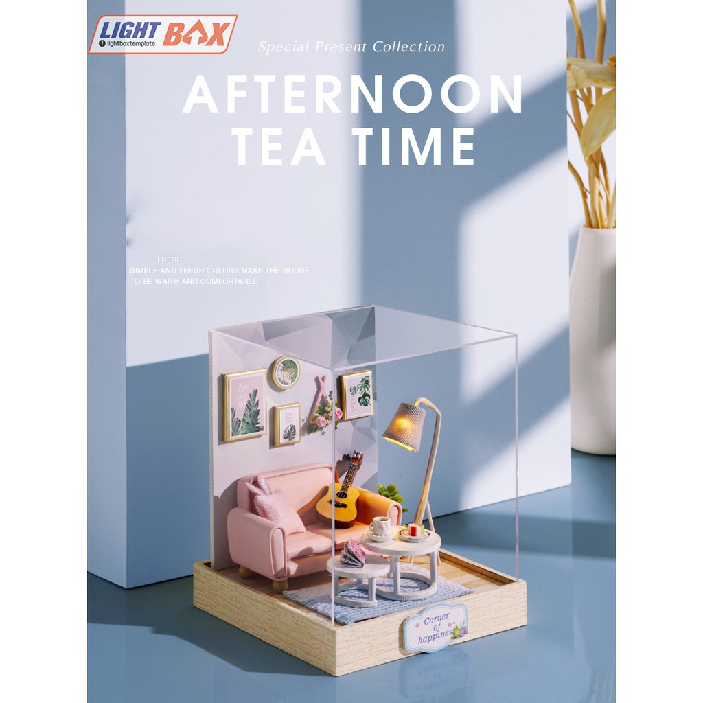 Nhà búp bê Tự làm bằng gỗ [Nhà AFTERNOON TEA TIME có nội thất &amp; đèn led ] Tặng kèm khung MICA + Keo dán