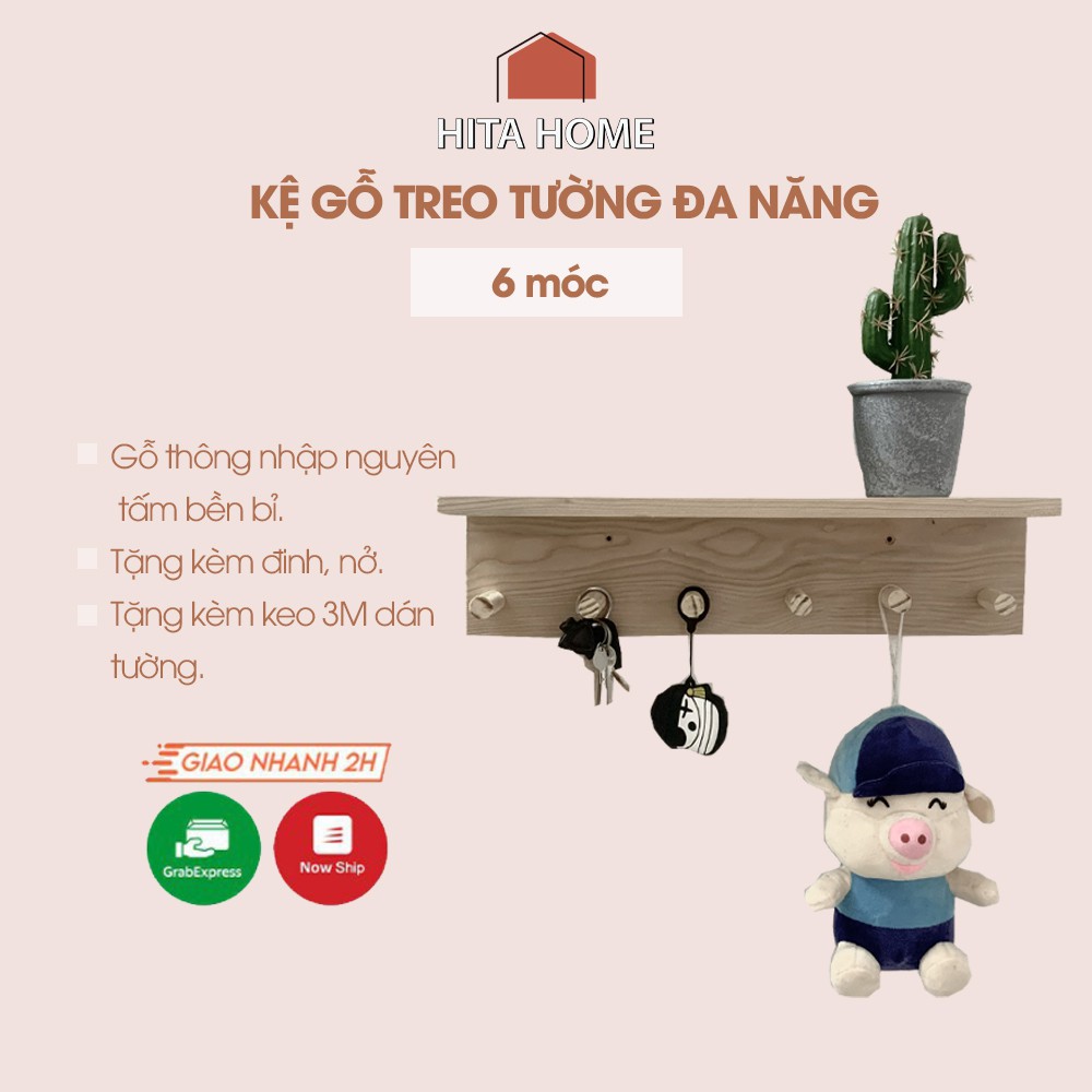 [Ảnh thật] Kệ gỗ treo tường đa năng (móc chìa khóa, quần áo, túi xách...)