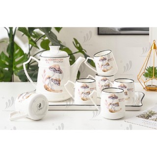 Bộ ấm chén kèm khay sứ Camellia size to - hình cây nấm