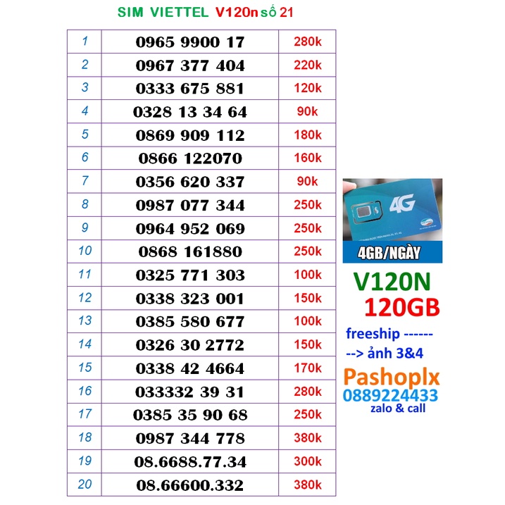 Sim viettel V120n số đẹp 21 4gb/ngày