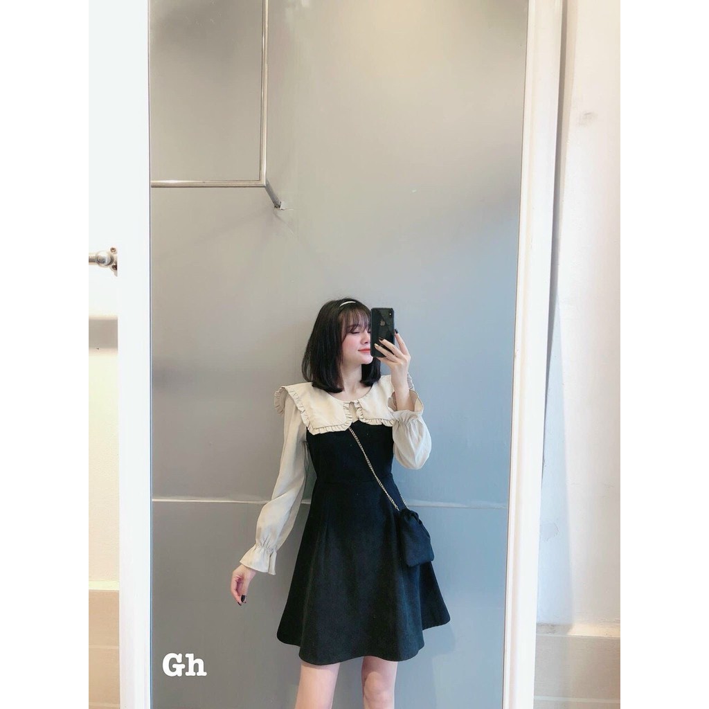 Đầm Xòe Tay Bồng Phối Màu Cổ Bèo, Váy Xòe Dáng Vintage Chất Nhung Tăm Kèm Túi Dây Xích Thời Trang Thu Đông Sang Chảnh | BigBuy360 - bigbuy360.vn