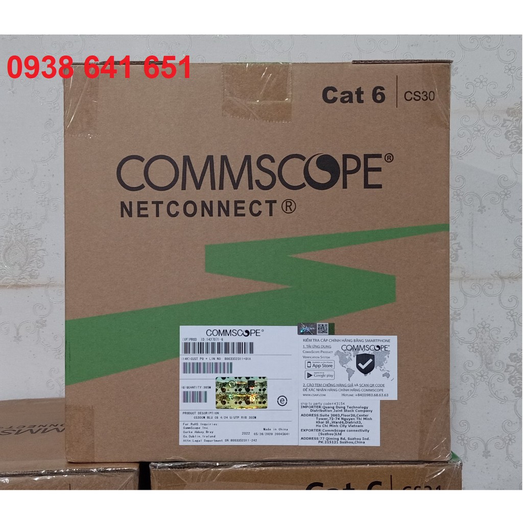 Dây cáp mạng Cat6 AMP  UTP màu xanh 1427254-6 hoặc 1427071-6 có CO, CQ. Hàng chính hãng