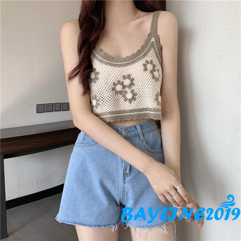 Áo dệt kim cổ tròn hở rốn thêu họa tiết thời trang quyến rũ cho nữ