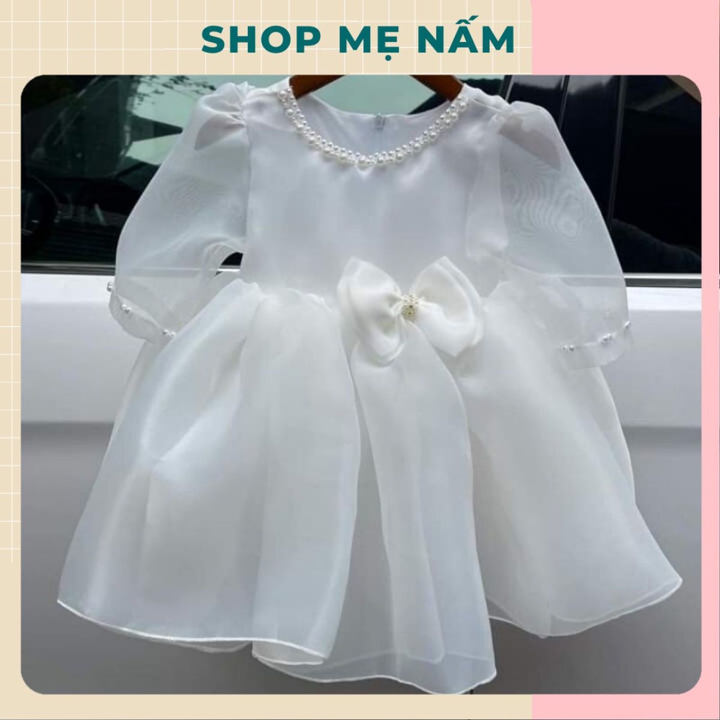 Đầm bé gái dáng xòe tay lỡ viền ngọc đính nơ nhỏ voan tơ mềm mại - Shop Mẹ Nấm