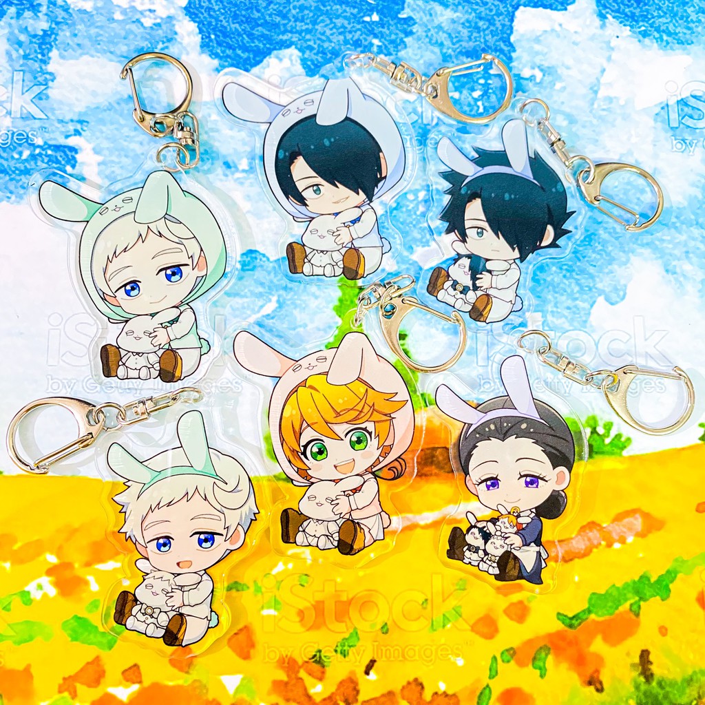 ( Mica trong acrylic ) Móc khóa in hình MIỀN ĐẤT HỨA ver TAI THỎ The Promised Neverland anime chibi xinh xắn