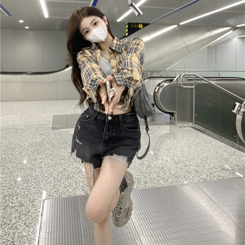 Áo Sơ Mi Nữ Ca Rô Dài Tay Cổ Bẻ Thời Trang Hàn