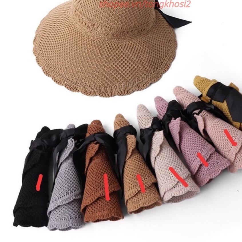 Mũ Cói, Nón Cói Đi Biển Chất Mềm Vành Rộng Thiết Kế Hở Chóp Gắn Nơ Sau Cực Cute Phong Cách Hàn Quốc Dành Cho Nữ