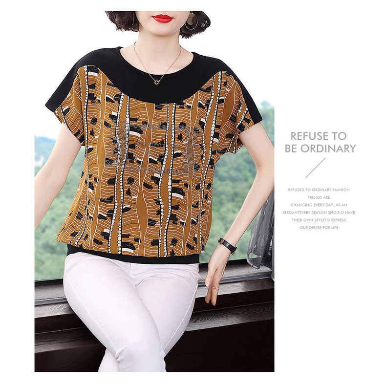 Áo thun chiffon cổ tròn tay ngắn dáng rộng thời trang mùa hè cho phụ nữ trung niên