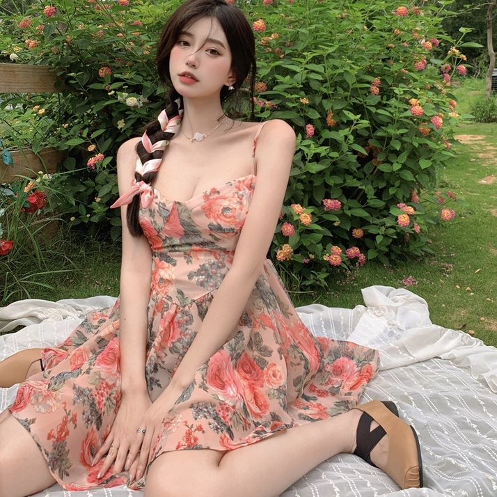 Đầm voan hoa ZHELIHANGFEI hai dây xinh xắn dành cho nữ