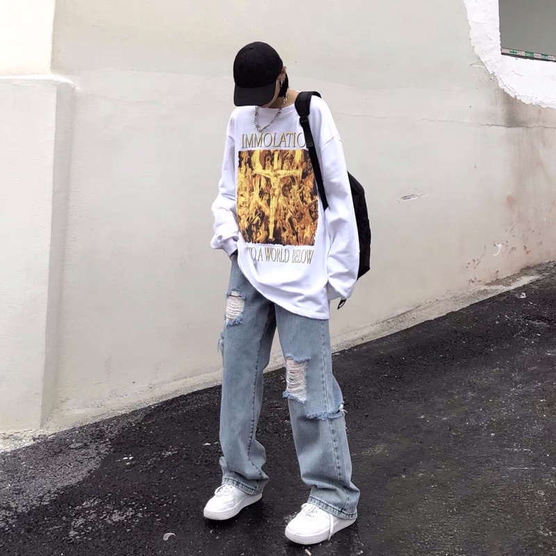 Quần bò jeans ống rộng rách tua rua có big size hiphop Ulzzang siêu chất ❤️