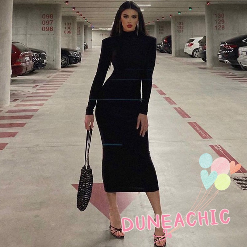 DUNEA Đầm tay dài cổ cao có đệm vai gợi cảm cho nữ