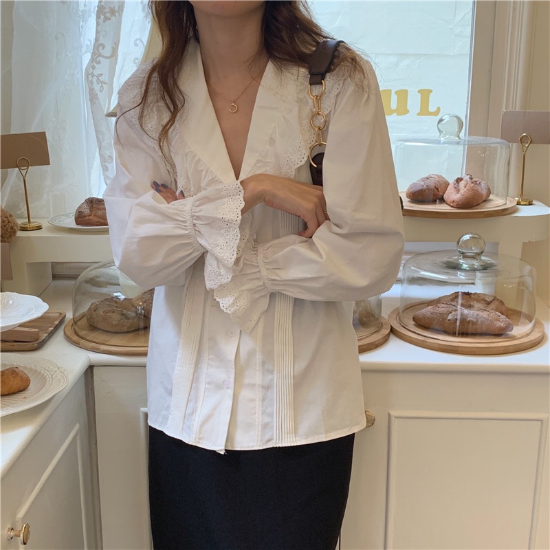 Áo sơ mi dài tay phối ren ngọt ngào phong cách mới 45557