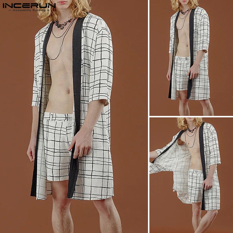 INCERUN Bộ Áo Khoác Cardigan Tay Lỡ 3 / 4 + Quần Short Dáng Rộng Thời Trang Cho Nam