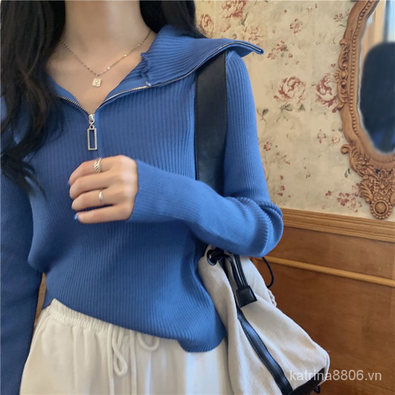 Áo khoác đen dài tay phối khóa kéo phong cách retro Hàn Quốc thời trang mùa thu 2021 cho nữ