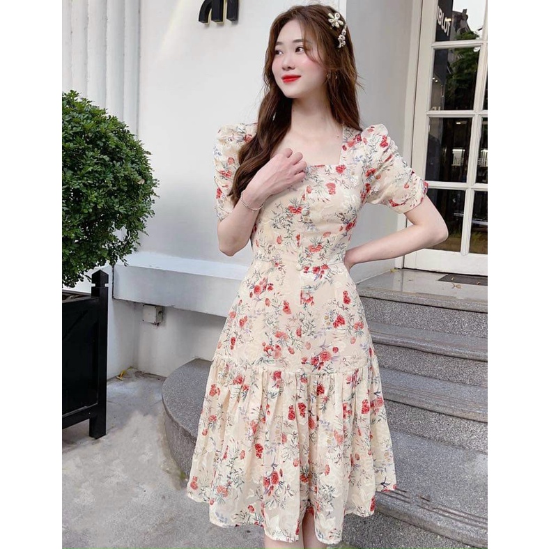 Váy xòe lụa hoa nút bọc cổ vuông đầm dự tiệc