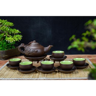 Bộ Ấm Chén Tử Sa Đắp Hoa Sen Bát Tràng Kèm Khay Phụ Kiện 280ml