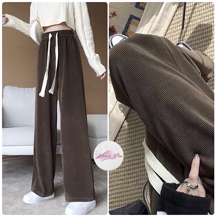 Quần Ống Rộng Nhung Gân Ulzzang, lưng cao nhung gân dáng dài ống suông