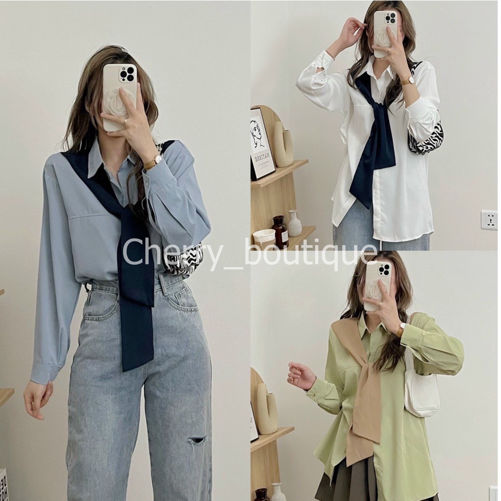 Áo sơ mi HQ kèm khăn liền áo, Áo kiểu cộc tay cổ khăn quàng phong cách đơn giản ngọt ngào