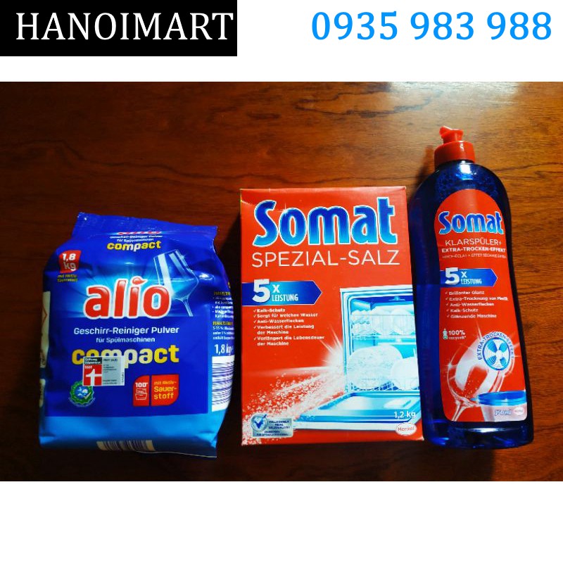Combo bột rửa bát Alio 1.8kg + bóng Somat 750ml và muối Somat 1.2kg cho máy