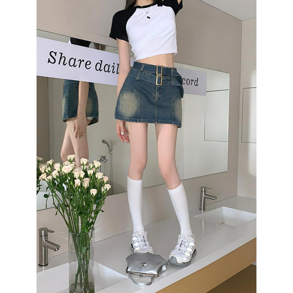 QADCOL Chân váy jean Chữ A Lưng Cao Thời Trang Mùa Hè Phong Cách Retro Mới Cho Nữ