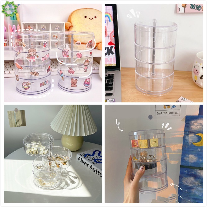 Hộp Đựng Trang Sức Trong Suốt Bốn Tầng Dạng Xoay Chống Bụi Để Bàn