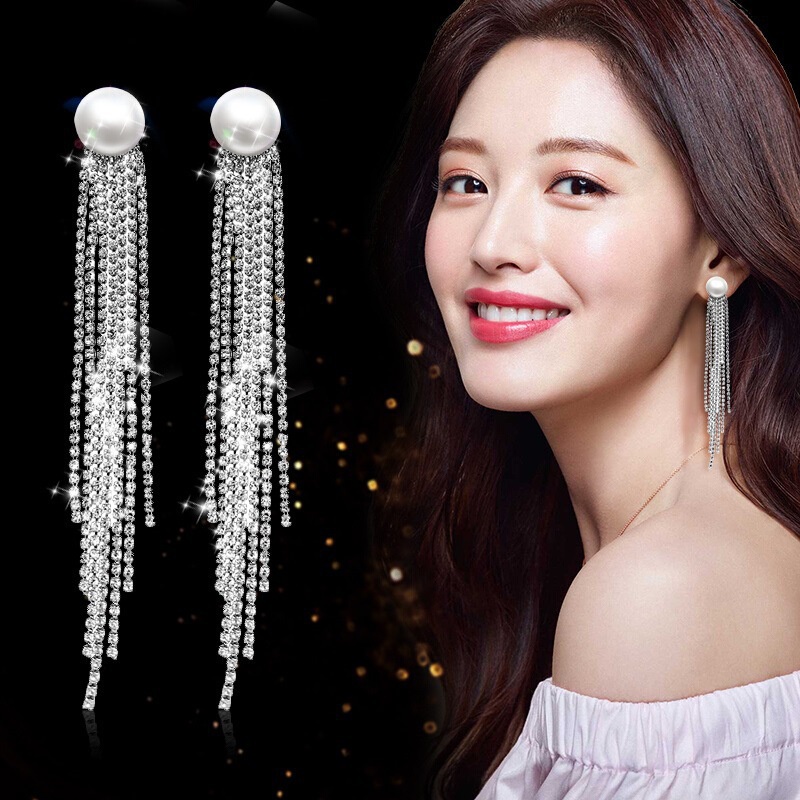 Bông Tai Mạ Bạc 925 Đính Đá Ngọc Trai Phối Tua Rua Phong Cách Hàn Quốc Thời Trang Cho Nữ