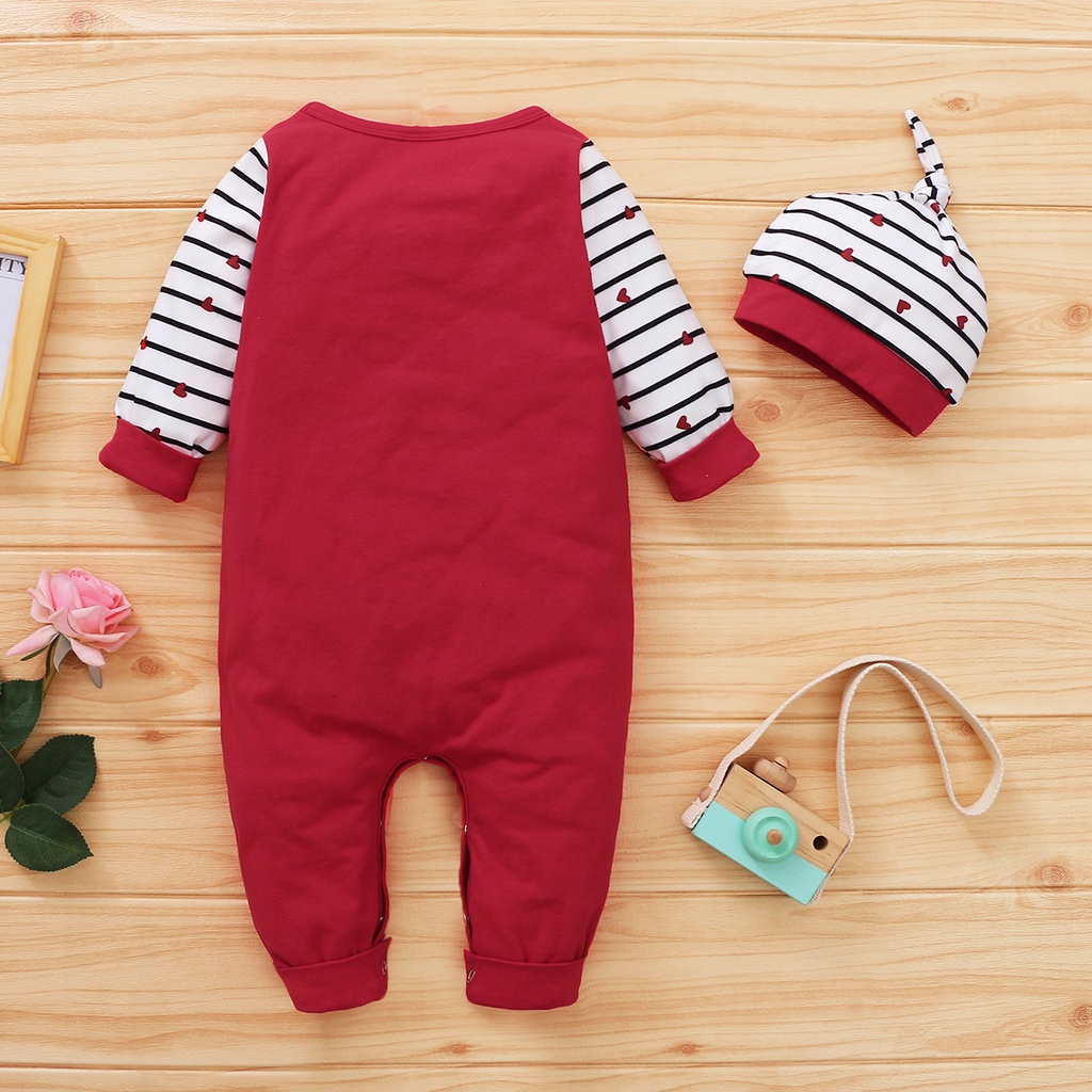 Bộ đồ MIKRDOO gồm áo liền quần dài tay vải cotton họa tiết kẻ sọc họa tiết chữ và mũ đáng yêu xinh xắn cho bé sơ sinh