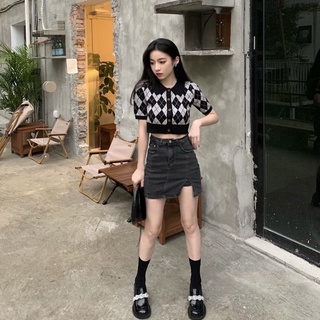 Áo croptop nữ len mềm hoạ tiết ô quả trám hàng Quảng Châu - kèm ảnh thật khách mặc