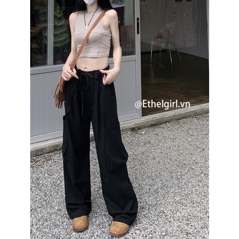 Quần Dài Lưng Cao Ống Rộng Phong Cách Retro Hàn Quốc Với 3 Màu Tùy Chọn