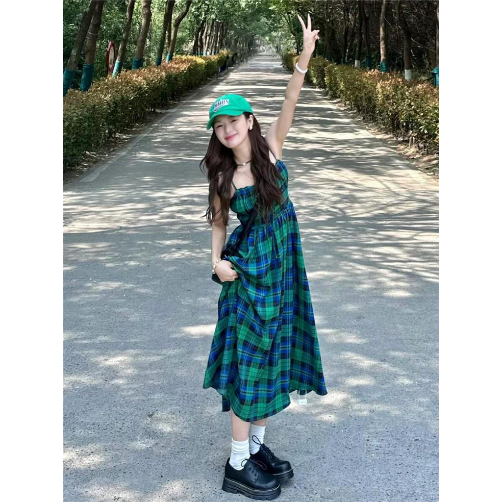 Đầm Hai Dây Dáng Dài Họa Tiết Sọc Caro Phong Cách Retro 62383