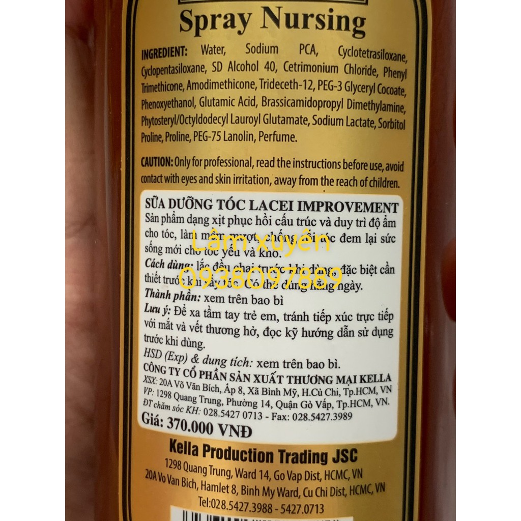 Xịt dưỡng tóc LACEI IMPROVEMENT 250ml CHÍNH HÃNGsữa dưỡng phục hồi tóc hư tổn nặng,cung cấp dưỡng chất nuôi dưỡng tóc