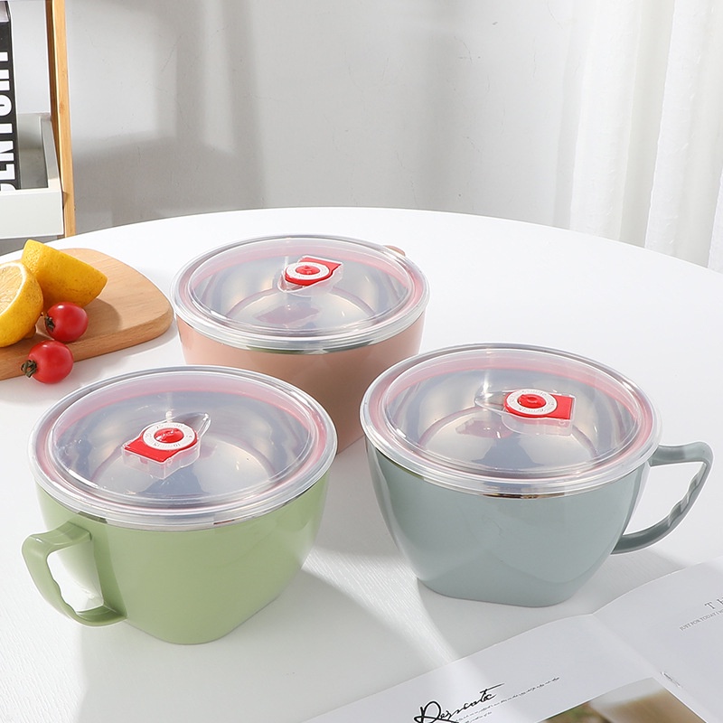 Bát Ăn Mì Bằng Thép Không Gỉ Có Tay Cầm / Bát Cơm / Tô Mì Ăn Liền Có Nắp Đậy