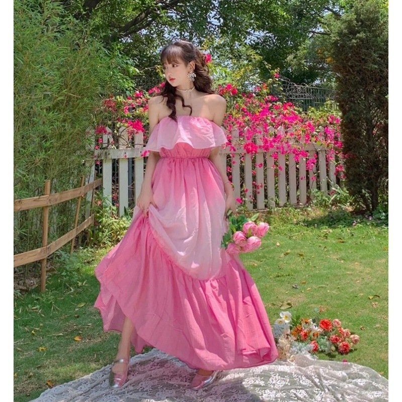 Váy Maxi LUHAZO đi biển nữ trễ vai đẹp dự tiệc dáng dài xòe hở lưng kiểu Hàn Quốc thiết kế sang chảnh DK5