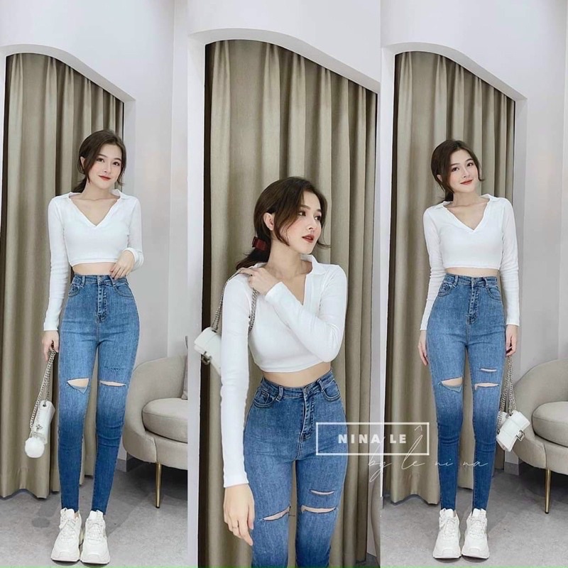 Quần bò ôm loang rách gối lưng cao