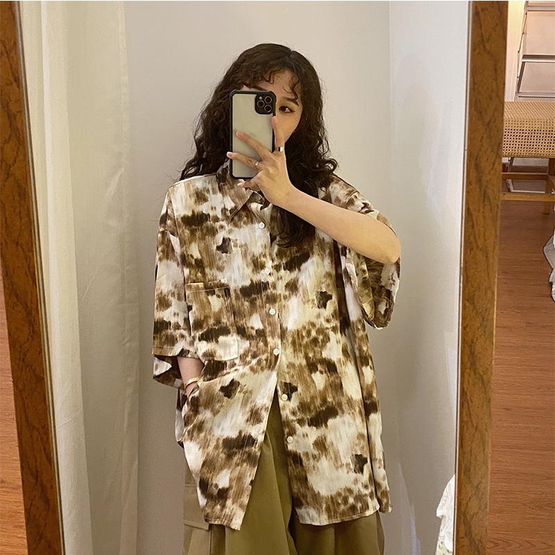 Áo Sơ Mi Tay Ngắn Họa Tiết Màu Loang Thời Trang Sành Điệu Cho Nữ
