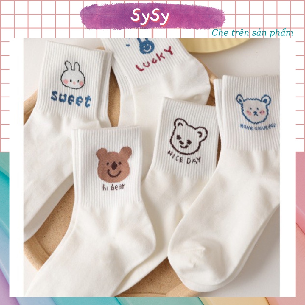 Tất Vớ Trắng Cao Cổ Vải Cotton Hình Con Gấu, Phong Cách Hàn Quốc, Chất Vải Mịn Màng, Không Bị Xù Lông Khi Sử Dụng