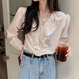 Áo sơ mi tay phồng màu trắng phong cách Hàn Quốc cho nữ